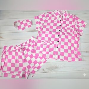 PATTIINI Pink Check Short Sleeve Pajama Lounge Set W/ Eye Mask Medium - NWT